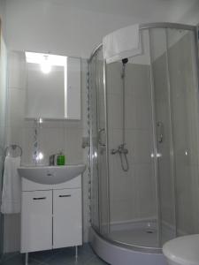 uma casa de banho com um chuveiro e um lavatório. em Motel Fogado em Cristuru Secuiesc
