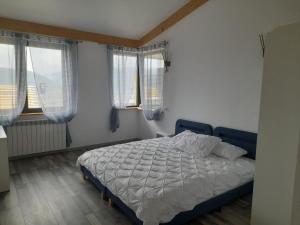 1 dormitorio con 1 cama en una habitación con ventanas en Casa Prieteniei - camere - 3 km Piatra Neamț, en Piatra Neamţ