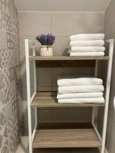 a shelf with towels on it in a bathroom at Petlov salaš rooms in Novi Sad