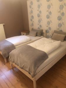 two twin beds in a room with curtains at Ferienwohnung Klosterblick in Bastheim