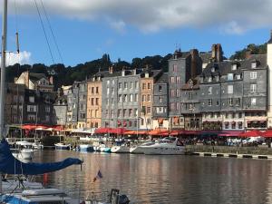 a group of boats docked in a harbor with buildings at Chambre d'hôtes Logis de Saint Jean in Bayeux