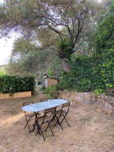 una mesa de picnic en un patio con un árbol en Seaview Garden Villa en LʼÎle-Rousse