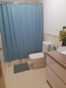 a bathroom with a toilet and a blue shower curtain at Arode Apartamento in Los Abrigos