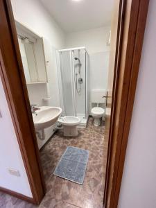 uma casa de banho com um chuveiro, um WC e um lavatório. em DOLOMITI HOUSE 4 em Fiera di Primiero