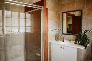 a bathroom with a shower and a sink and a mirror at Cwebile Guesthouse in Winterton