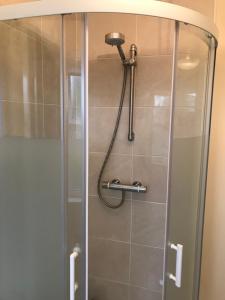 a shower in a bathroom with a glass door at Modern 3-bedroom townhouse in the Mournes in Newry
