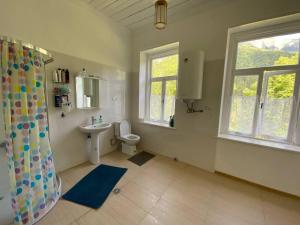 a bathroom with a toilet and a sink and window at Authentic house with a huge garden in Utsera