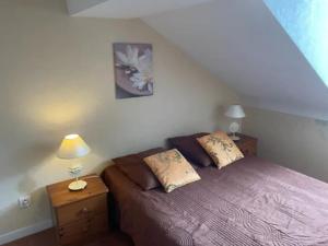 - une chambre avec un lit doté d'un couvre-lit violet dans l'établissement DUPLEX N°3 AU COEUR DE BAGNERES DE BIGORRE, à Bagnères-de-Bigorre