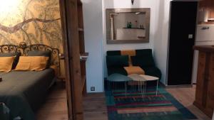 ein Schlafzimmer mit einem Bett, einem Stuhl und einem Spiegel in der Unterkunft La tonnelle d'Olivier in La Cadière-dʼAzur