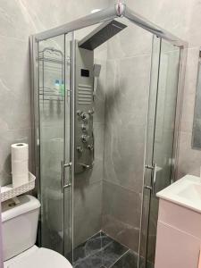 La salle de bains est pourvue d'une douche, de toilettes et d'un lavabo. dans l'établissement New 2 rooms flat fully equipped 5 min to Bat Yam beach near Tel Aviv, à Bat Yam