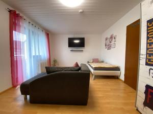 ein Wohnzimmer mit einem Sofa und einem TV in der Unterkunft Ferienwohnung Bad Säckingen ruhig und zentral in Bad Säckingen