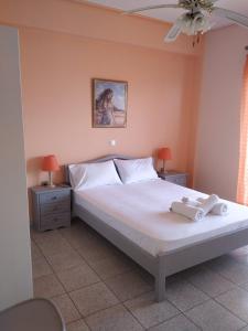 a bedroom with a bed with two night stands and two lamps at Bousounis Apartments in Chrani