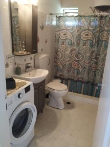 a bathroom with a toilet a sink and a washing machine at Bousounis Apartments in Chrani