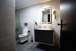 a bathroom with a toilet and a sink and a mirror at Diamond Hotel in Amman
