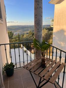 una panca di legno seduta in cima a un balcone di Deluxe Studio com terraço e varanda privada - 'Casinha da Amoreira' Guesthouse a Coimbra