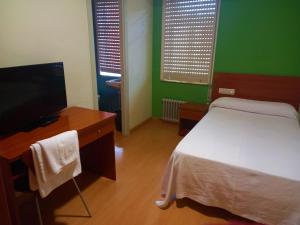 a bedroom with a bed and a flat screen tv at Pension San Roque in Lugo