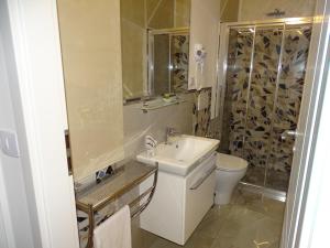 een badkamer met een wastafel, een toilet en een douche bij Water Lily Apartment Studio 2 free parking- self check-in in Oradea +31 foto's