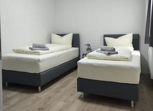 Cette chambre comprend 2 lits avec des draps blancs et des oreillers gris. dans l'établissement 2 Zimmerwohnung in Bietingen, à Gottmadingen