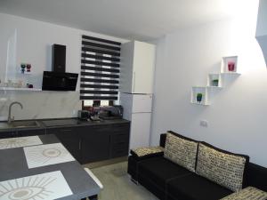 een keuken met een bank en een tafel in een keuken bij Water Lily Apartment Studio 2 free parking- self check-in in Oradea