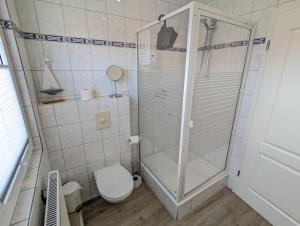 a bathroom with a shower and a toilet at Das Inselhaus in Norddeich