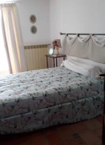 a bedroom with a bed with a floral bedspread at Casetta Mimì in San Pio delle Camere