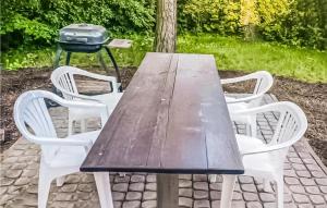 a picnic table with white chairs and a grill at 1 Bedroom Lovely Home In Kamionki Male in Kamionki Małe