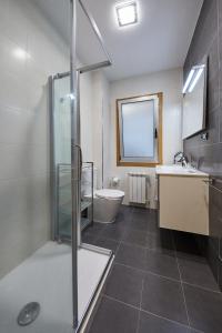 uma casa de banho com um chuveiro, um lavatório e um WC. em Vut Salvador Santiago em Santiago de Compostela
