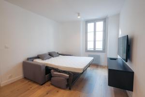 a room with a bed and a couch and a television at A modern flat in the center of Fontainebleau in Fontainebleau