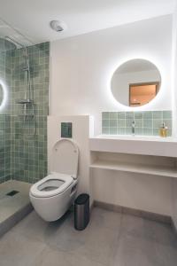 La salle de bains est pourvue de toilettes, d'un lavabo et d'un miroir. dans l'établissement A modern flat in the center of Fontainebleau, à Fontainebleau