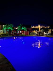 a blue pool with palm trees at night at Pousada Juventus in Barra Grande