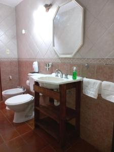a bathroom with a sink and a toilet and a mirror at SUMAQ WASICHA SALTA in Salta