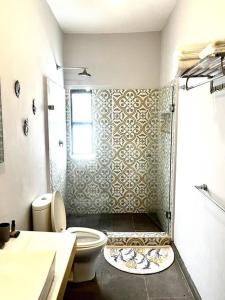y baño con aseo y ducha. en Apartment in the touristic heart of Mexico City, en Ciudad de México