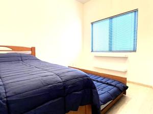 a bedroom with a blue bed and a window at Apartment in the touristic heart of Mexico City in Mexico City