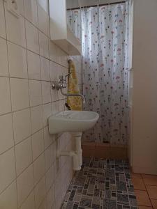 a bathroom with a sink and a shower curtain at Chaloupka in Karlova Studánka