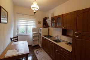 una cucina con armadi in legno, lavandino e tavolo di App Marin a Šilo