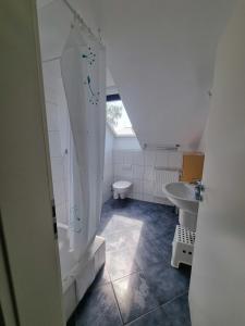 a bathroom with a sink and a toilet at "Ferienhaus Vadersdorf" Wohnung 1 in Vadersdorf