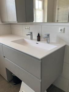 a bathroom with a white sink and a mirror at Pferdehof Thomayer in Strasswalchen