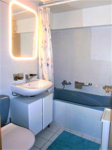 萊迪亞布勒雷的住宿－Le Sapin，浴室配有盥洗盆、卫生间和浴缸。