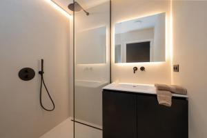 La salle de bains est pourvue d'un lavabo et d'une douche. dans l'établissement Georges & Madeleine Apartments, à Aalst