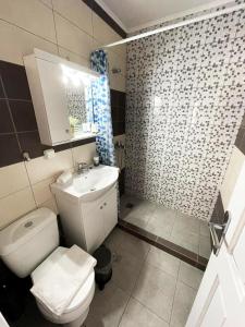 ein Badezimmer mit einem weißen WC und einem Waschbecken in der Unterkunft Casa Di Rosse in Symi