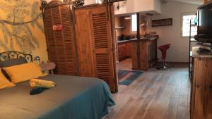 ein Schlafzimmer mit einem Bett und eine Küche in einem Zimmer in der Unterkunft La tonnelle d'Olivier in La Cadière-dʼAzur