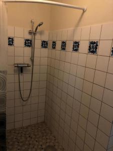 a bathroom with a shower with white tiles at Boerderij woning in Aalten in de Achterhoek in Aalten