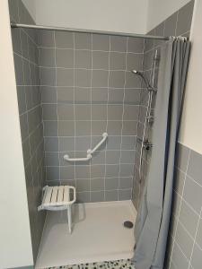 een badkamer met een douche en een toilet. bij le payanké ardéchois in Saint-Martin-de-Valamas