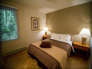 a bedroom with a bed with two lamps and a window at Chalets Condos sur le Fjord in LʼAnse-Saint-Jean