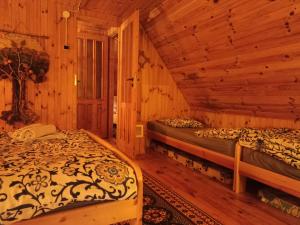 a bedroom with two beds in a log cabin at DOMEK LETNISKOWY MYSCÓWKA in Krempna