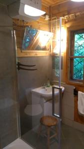 a bathroom with a shower and a sink and a stool at DOMEK LETNISKOWY MYSCÓWKA in Krempna