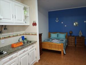 a kitchen with a sink and a bed in a room at Estúdio Mário Fanha in Nazaré