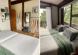 a bedroom with two beds and a large window at Forestchild Self Catering, The Crags in The Crags