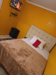 1 dormitorio con cama grande y almohada roja en WAMPEX GUEST HOUSE IN NORTHAM CBD 239 COAL STREET, en Northam