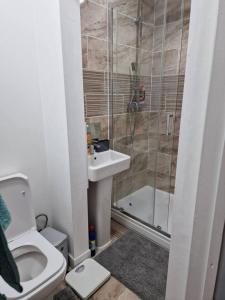 a bathroom with a shower and a toilet and a sink at Beautiful and modern House in Gravesend in Gravesend